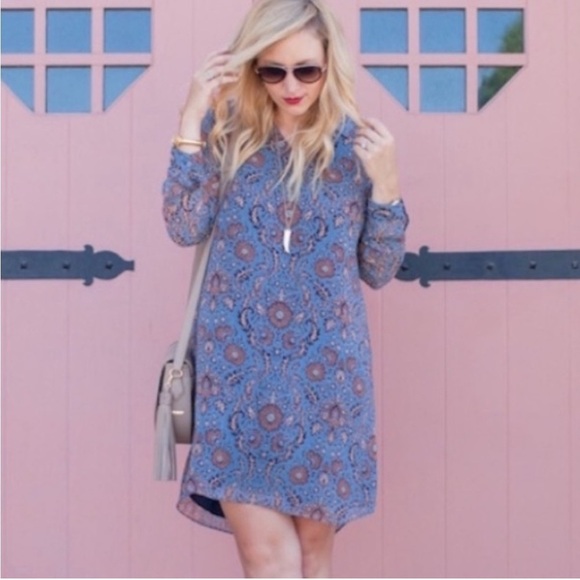 CAbi Provincial Tunic Long Sleeve Dress Boho Floral Teal Blue Brown Sz M - Picture 3 of 13